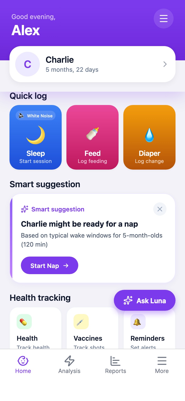 Tiny Nest home screen with one-tap sleep, feeding, and diaper logging and a smart nap suggestion